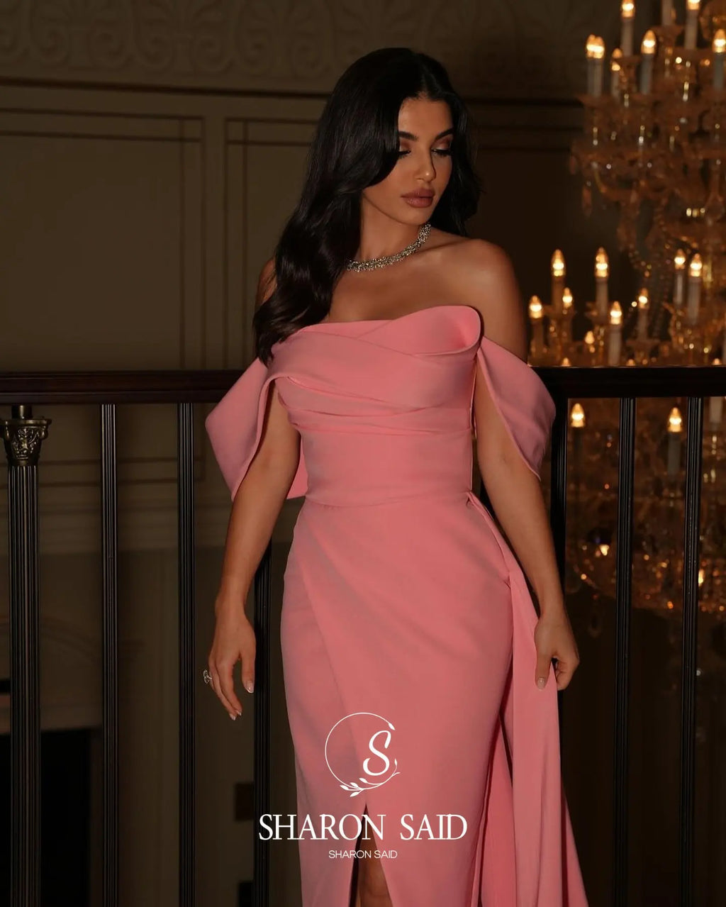 Sharon Said Dubai Peach Off Shoulder Evening Dresses with Overskirt Elegant for Women Wedding Formal Gown SF325 Customized
