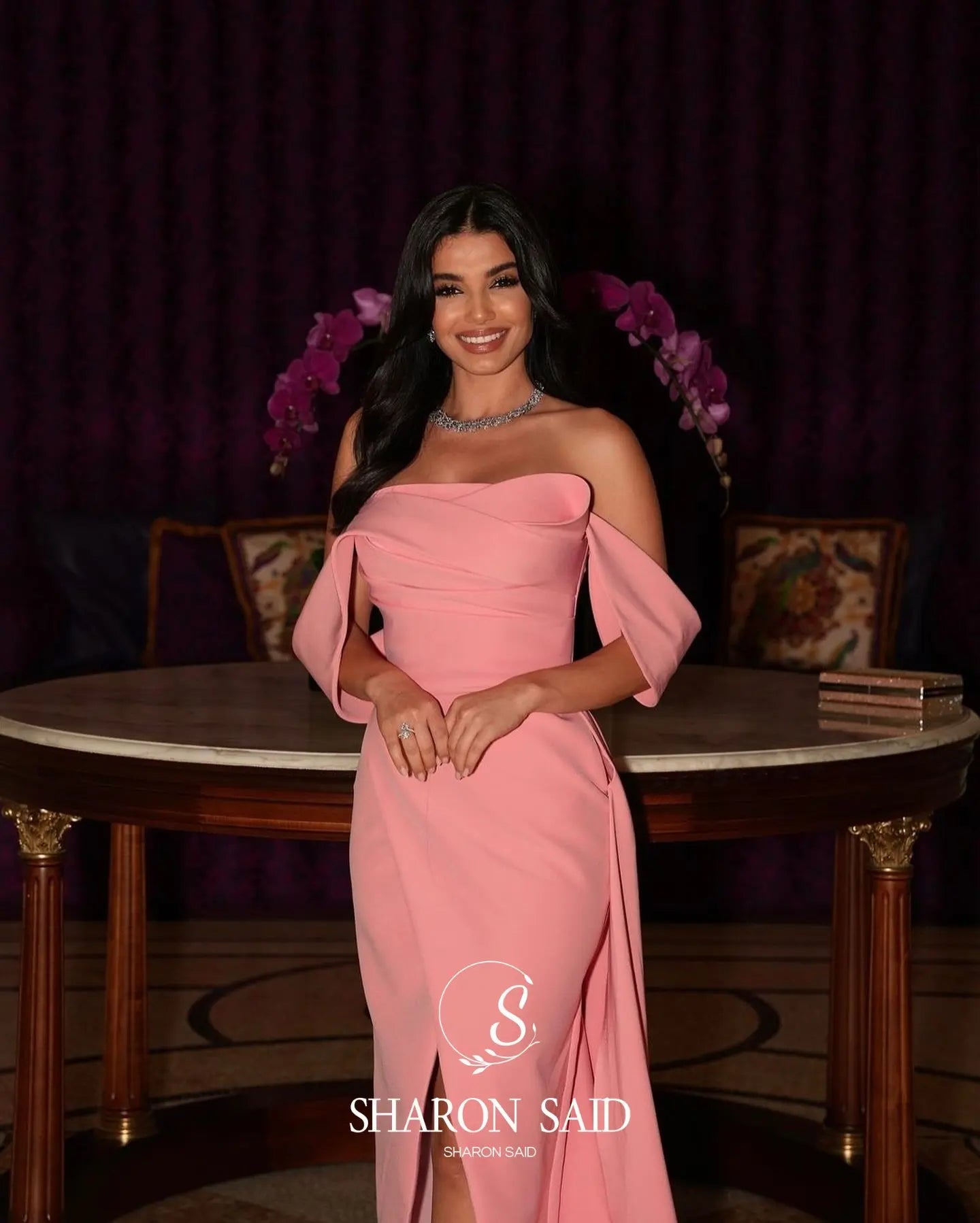 Sharon Said Dubai Peach Off Shoulder Evening Dresses with Overskirt Elegant for Women Wedding Formal Gown SF325 Customized