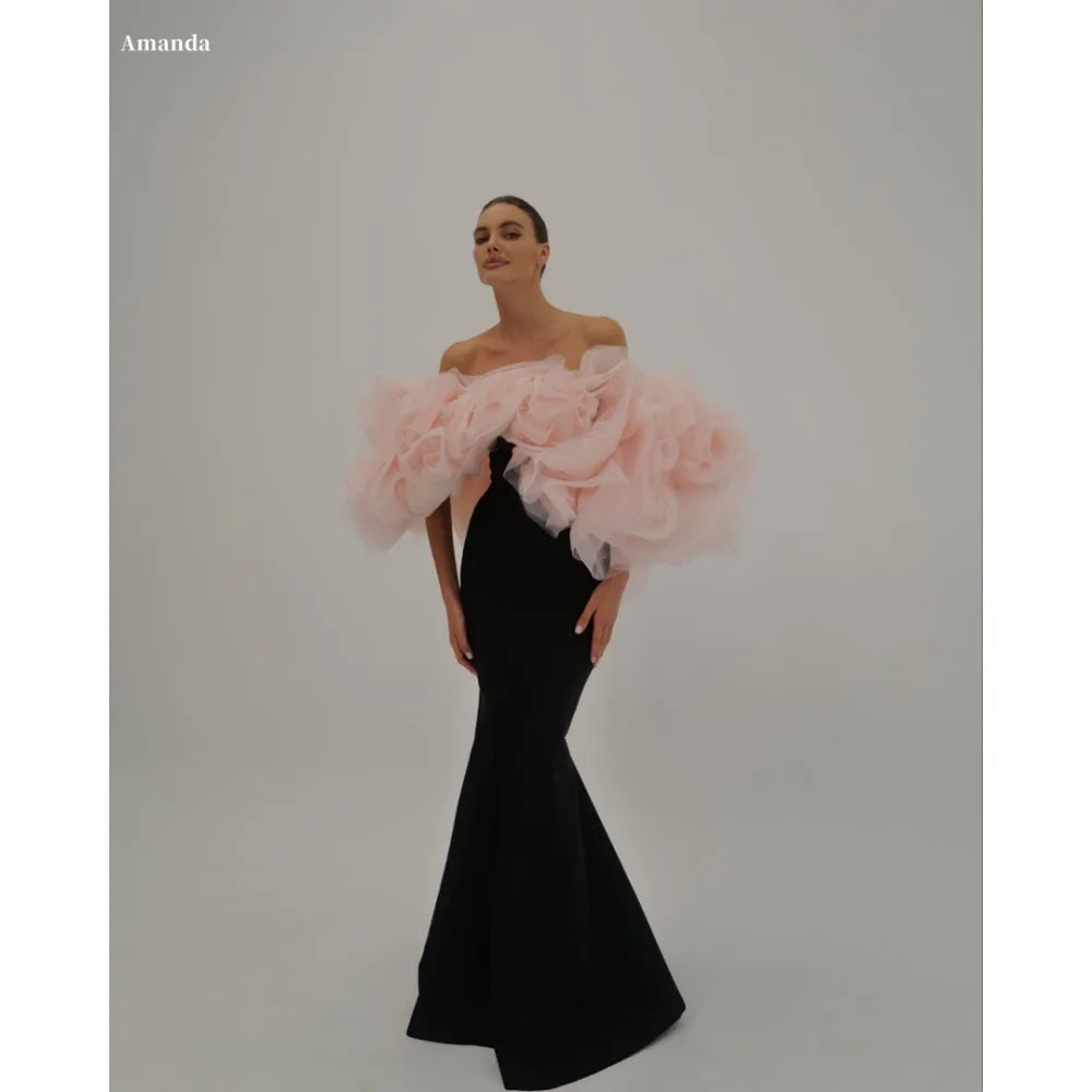 Amanda Customized Black Mermaid 3D Flowers Shawl robes de soirée Off the Shoulder Party Dresses Floor-Length Prom Dress 2024