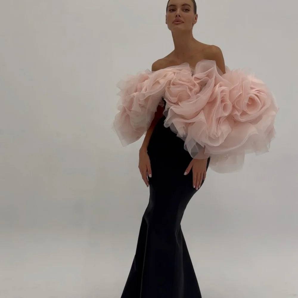 Amanda Customized Black Mermaid 3D Flowers Shawl robes de soirée Off the Shoulder Party Dresses Floor-Length Prom Dress 2024