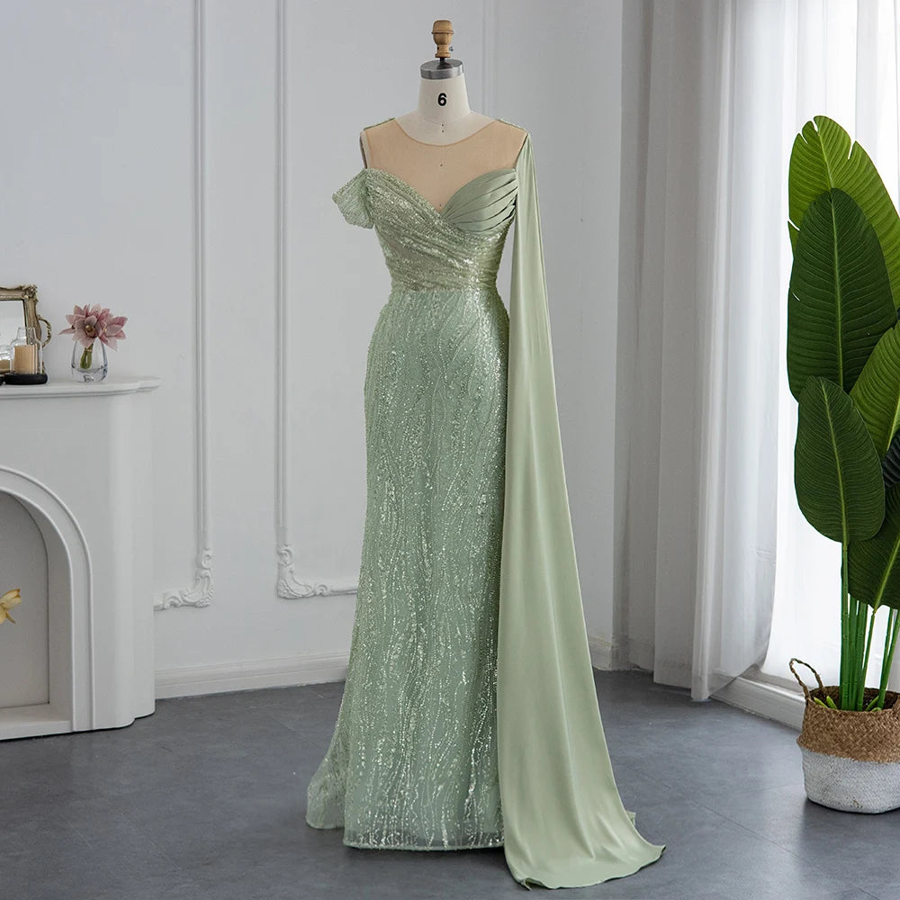 Mermaid Evening Dress with Cape Sleeve One Shoulder